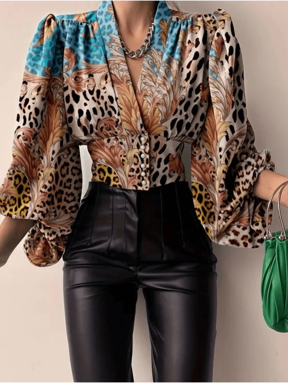 Puff-Sleeve Printed Corset Blouse - Multicolor